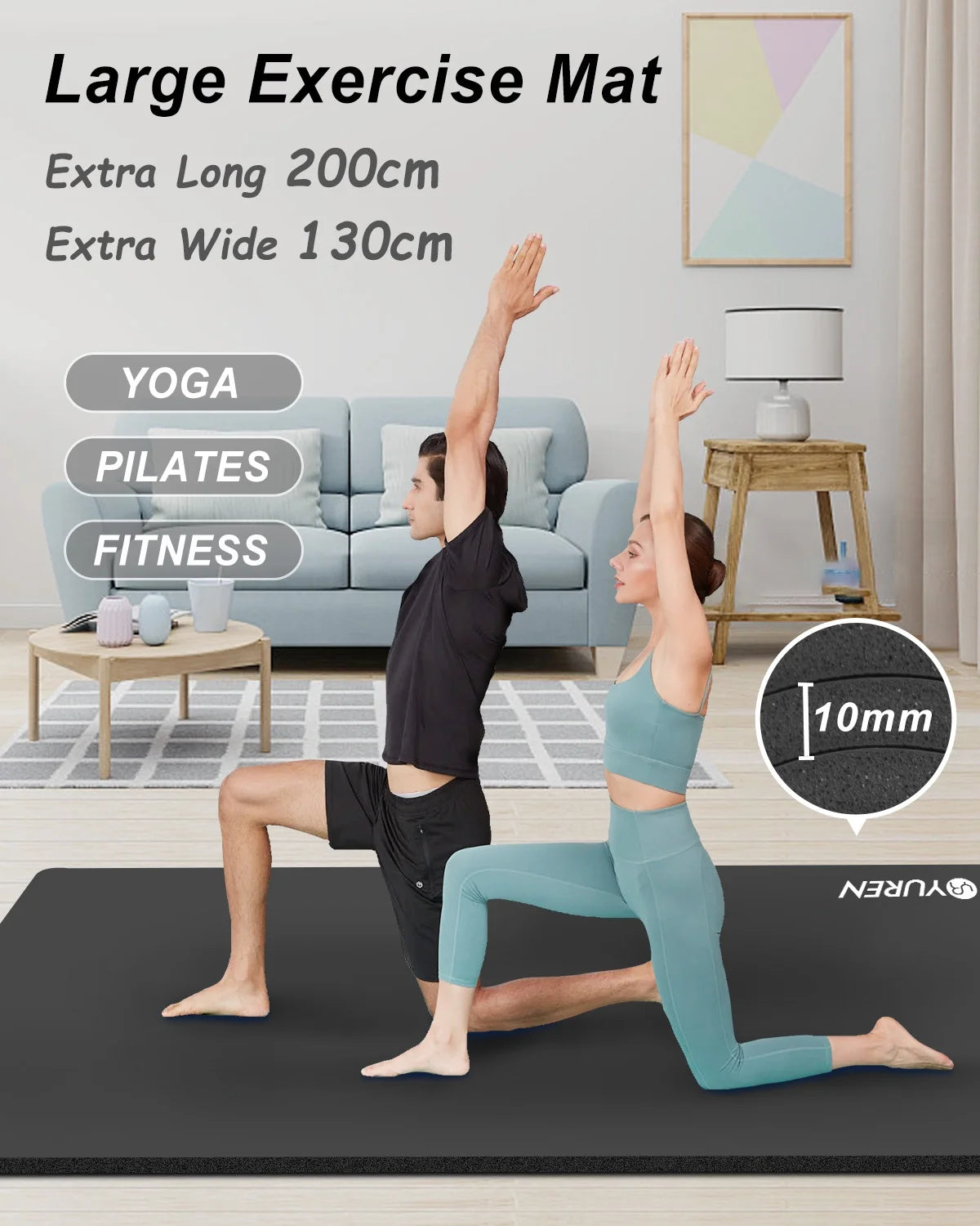 Large Yoga Mat 78“ X 51" 10Mm Thick Exercise Mats for Home Gym Fitness Floor Workout Pad, Black